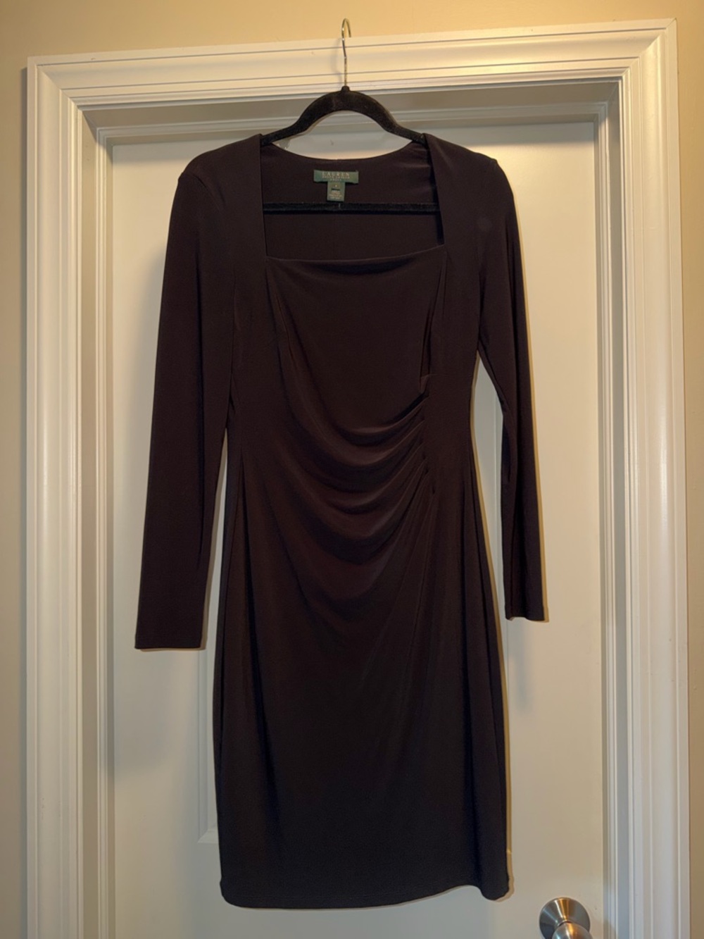 Ralph Lauren Dark Brown Long-Sleeve Draped Jersey Dress